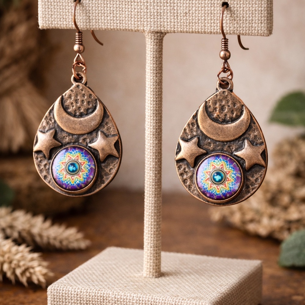 Handmade Copper Moon & Star Earrings | Boho Celestial Mandala